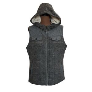 Prana Ava Gray Herringbone Wool Blend Hooded Full Zip Vest Size L